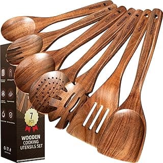 Kikcoin Conjunto De Utensílios De Cozinha Em Madeira, 7pç, Colheres De Madeira Maciça De Teca Cozinhar Com Cabo Longo, Resistentes Ao Calor, Para Panelas Antiaderentes, Com Orifício Para Pendurar