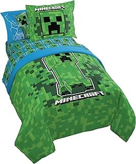 Jay Franco O conjunto de edredom infantil inclui lençóis e fronhas – jogo de cama macio e aconchegante para decoração de quarto elegante, verde – macaquinho Minecraft, roupa de cama de solteiro de 5