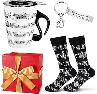 Tioncy 4 peças de presente de nota musical para amantes de música, caneca de café com tampa e alça, meias de notas musicais, chaveiro de música e caixa para presente de aniversário de Natal, mulheres,