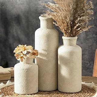 Conjunto de 3 vasos de cerâmica, vasos de flores neutros caiados de branco, decoração de casa, vasos decorativos rústicos de casa de fazenda, decoração moderna para mesa, cornija, entrada, estante de