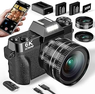 Câmera digital 6K para fotografia, câmera vlogging de 64 MP para YouTube com tela flip de 3 polegadas 180°, câmeras compactas de beleza de viagem com zoom 16X para adolescentes, com cartão micro SD de