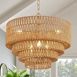 Lustre de vime boho de 50 cm, vintage, 6 luzes, fazenda, tecido à mão, de bambu, luminária, lustres dourados de vime rústico para sala de jantar, ilha de cozinha, quarto, E12