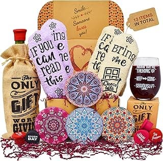 Cesta de presente de vinho - Esta caixa de presente de vinho contém 13 presentes de vinho para mulheres - uma cesta de vinho com meias engraçadas, rolhas de vinho, porta-copos e uma taça de vinho