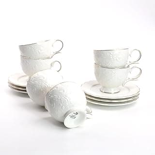 GuangYang Conjunto de 6 xícaras de chá e pires de chá de rosa em relevo de porcelana fina com 12 peças especiais feitas à mão para cappucino