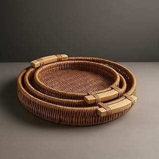 Kit 3 Cestas Redondas Decorativas com Alças de Madeira, Bandejas Artesanais para Servir, Cor Natural