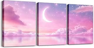 Feelyou Arte de parede em tela de 3 peças de galáxia rosa para sala de estar quarto lua estrelada arte de parede para decoração de casa nebulosa sonhadora decoração de escritório arte espaço sideral