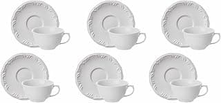 Estojo com 6 Xícaras Chá com Pires sem Pé em Porcelana - Modelo Redondo com Relevo Pomerode - Branca - fabricado pela Schmidt