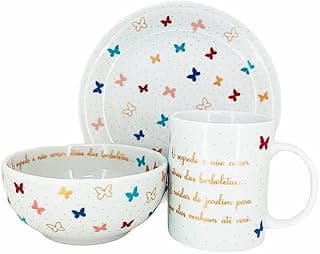 Kit Café da Manha Porcelana Borboleta Prato Caneca Tigela