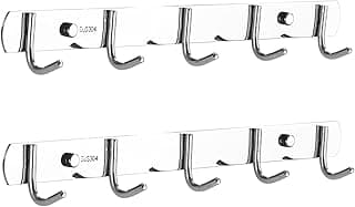 Kit 2 cabideiro de parede em Aço Inoxidável com 5 Ganchos, Cabideiro para Roupas, Toalhas, Utensílios e Mochila, Cabideiro com Dupla Instalação Adesivo ou Parafuso,Prata