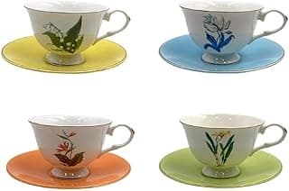 Jogo de 8 pecas para cha Flora em new bone china com borda dourada 220ml colorido