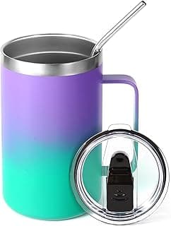 Volhoply Caneca de café isolada de 473 ml com tampa e canudo, canecas de viagem de aço inoxidável com alça, copo de café à prova de vazamento a vácuo de parede dupla (roxo verde, 1)