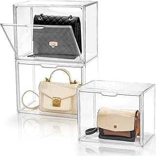 AVLA Pacote com 3 organizadores de armazenamento de bolsa de plástico para armário, estojo de exibição de acrílico transparente com porta magnética, bolsa de mão empilhável de luxo, montar caixas