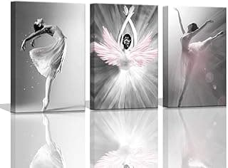 Decoração de quarto de meninas, balé, dançarino, fotos de parede para quarto, preto e branco com decoração de casa rosa para paredes de casa, arte de parede rosa para quarto, conjunto de 3 peças emoldurado 30,4 x 40,6 x 3 peças