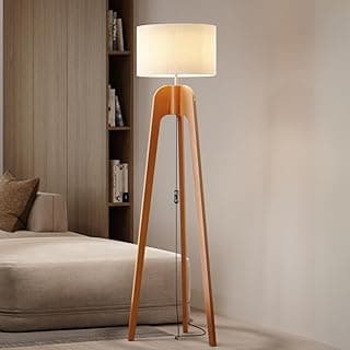 UNIDECOR CASA Luminária Abajur de Chão Tripé Tradicional Madeira Maciça Cúpula de Tecido Linho