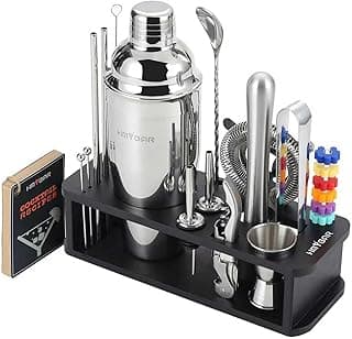 Conjunto De 22 Coqueteleiras (24 Oz/700 Ml), Kit Barman Para Mixologia, Bar, Utensílios Fazer Martinis Com 39 Receitas Coquetéis E Decoração Do Kit, Suporte Bambu Preto, Prateados
