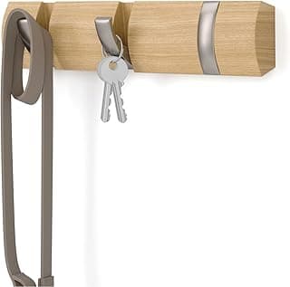 UMBRA Cabide flip montado na parede com 3 ganchos – armazenamento moderno e econômico para chapéus, jaquetas, bolsas, entrada, mudroom, armário, banheiro, quarto – natural/níquel