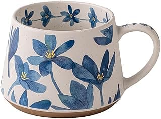 Caneca grande de café com leite de cerâmica, copo bonito para mulheres, ideal para chá verde ou café, caneca de cerâmica com design floral pintada à mão (flor azul)
