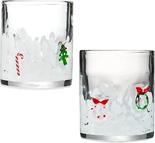 2 peças de copos de vidro com ícone de Natal - copos de suco de ícone de 473 ml com árvore de Natal e anel, copos duplos à mão soprados à mão fofos para festas de Natal, presentes adoráveis