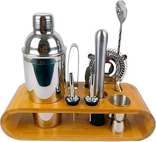 Coqueteleira Profissional Com Acessórios em Aço Inox 550ml Kit Barman Base em Madeira - Premium