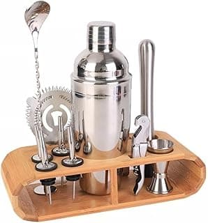 Kit Coqueteleira Bar Profissional Para Drinks Bebidas 550ml Inox Com 12 Peças Drinks Barman Caipirinha Bar Suporte de Madeira