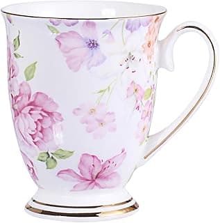 Caneca de Café de Porcelana Fina com Alça Banhada a Ouro e Design Floral Vermelho Claro, 330 ml