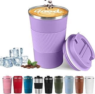 Caneca térmica para viagem YINBAOGE, à prova de derramamento e vazamento, ideal para camping, copo térmico de aço inoxidável reutilizável com tampa, para bebidas quentes e frias (roxo, 510 ml)