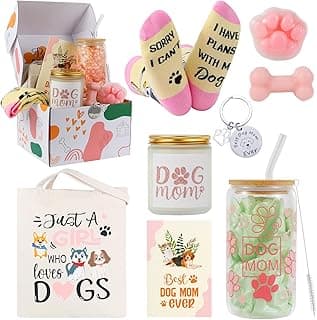 Presentes de mãe de cachorro para mulheres, melhores presentes de mãe de cachorro, presentes legais para amantes de cães, inclui sacola de lona, copo de vidro, chaveiro, meias, vela,
