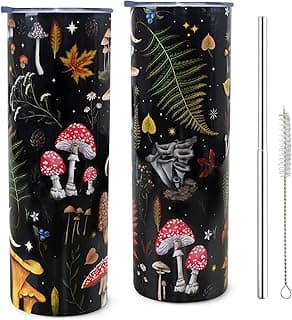 Lindo copo de cogumelo canecas de viagem isoladas para bebidas quentes e frias, copos de aço inoxidável skinny de 590 ml com tampa e palha, presentes para mulheres amantes de cogumelos reutilizáveis, coisas impressas em copo de cogumelo