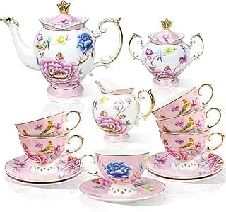 ACMLIFE Conjunto de chá para adultos - conjuntos de chá de porcelana fina de osso chinês conjunto de chá para 6, conjunto de café vintage de 21 peças, conjuntos de bule de chá inglês com xícaras de