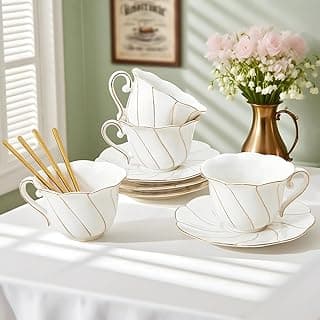 DUJUST Xícaras de chá e pires de luxo com acabamento dourado, conjunto de chá de porcelana branca com 4 (200 ml), conjunto de xícaras de café estilo britânico, lindo conjunto de chá para mulheres