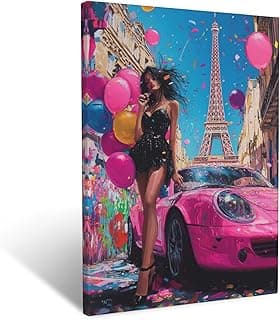 Decoração de parede em tela glamourosa para decoração de parede da Torre Eiffel de Paris para mulheres, homens, meninos, meninas, adolescentes, fotos de carro esportivo rosa, pintura para casa