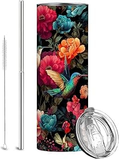 Firmiso Copo de 590 ml | Caneca de viagem com isolamento fino com tampa à prova de vazamento e canudo telescópico | Copo de café de aço inoxidável beija-flor e peônia para bebidas quentes e frias |