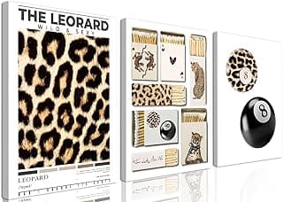 Conjunto de 3 peças de arte de parede com estampa de leopardo emoldurado, elegante, 8 bolas, caixa de fósforos, divertida, decoração de parede de chita para quarto de meninas, quarto, apartamento