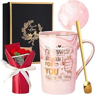 Biching Presentes de aniversário para mulheres, presentes de dia dos namorados para ela – Caneca de mármore de cerâmica de 400 ml com impressão dourada e buquê de malha, conjunto de presente engraçado