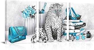 Visual Art Decor Imagem moderna glamourosa azul turquesa cinza arte de parede livros de leopardo sapatos de salto alto perfume impressões em tela para decoração moderna de casa, escritório, mulher, menina, quarto, decoração de parede, design criativo presente