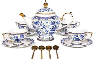 ACMLIFE Conjunto de chá Bone China para adultos, conjunto de chá azul e branco para 4, conjuntos de porcelana vintage floral chinesa para festa feminina com bule de chá ou presente (azul e branco)