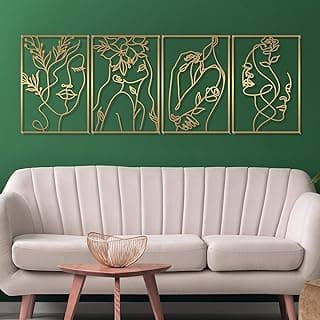 Glamativity Pacote com 4 peças de decoração de parede dourada, decoração minimalista para amantes de rosto de flor feminina, decoração de parede de arte de linha única, para cozinha, quarto, sala de