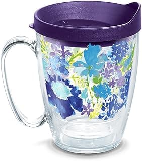 Tervis Copo térmico de parede dupla feito nos EUA mantém as bebidas frias e quentes, caneca de 473 ml - tampa roxa, floral roxo