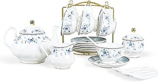 fanquare Conjunto de chá de porcelana rosa azul, 15 peças, bule de chá floral britânico com xícaras de chá, conjunto de chá feminino para 6 pessoas