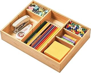 Umilife Organizador de gaveta de mesa, bandeja organizadora de madeira de bambu com compartimentos ajustáveis, acessórios de mesa de escritório, armazenamento de organização, 30,5 x 23 cm