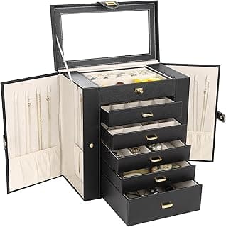 Kendal Caixa de joias extragrande de couro PU 6 gavetas de 5 andares grande capacidade de armazenamento com espelho organizador de armazenamento de joias ótimo presente também é bom para relógios