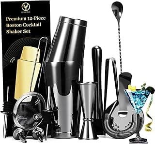 Premium Kit de Coctelera 12 Peças Preto - Aço Inoxidável Shaker Boston 550ml+850ml, Mixologia com Medidor Japonês e Crivo Hawthorne, Acessórios de Bartender Unissex, Presente de Natal