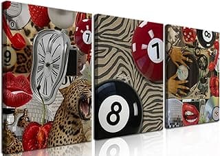 Conjunto de 3 peças de arte de parede de mulher negra, estampa moderna de leopardo, guepardo, decoração de parede, música de menina adolescente, 8 bolas, impressão em tela, estética para quarto, sala