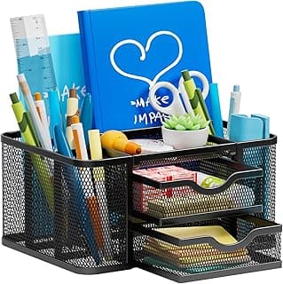 Marbrasse Organizador de mesa de malha, organizador de canetas com 2 gavetas, porta-lápis multifuncional, organizadores de mesa e acessórios com 5 compartimentos + gaveta para materiais de arte de