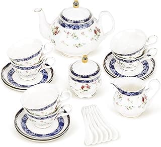 fanquare Conjunto de chá Bone China para adultos, 21 peças de renda azul e rosas serviço de chá de porcelana com açucareiro e creme, conjunto de 6 xícaras de chá florais crêmicas inglesas para