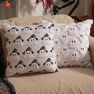 Conjunto de 2 capas de almofada dupla face para Halloween 45,72 cm x 45,72 cm, com 2 visuais diferentes, fantasma branco curado e fantasma com chapéu, fronhas de pelúcia de pele sintética