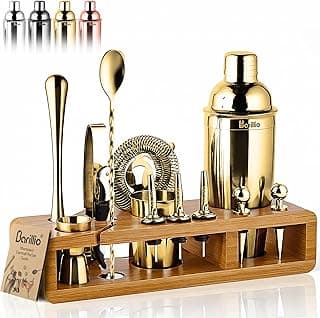Conjunto de 23 peças para barman dourado da BARILLIO: ferramentas de barra de aço inoxidável com suporte de bambu elegante, bolsa de transporte de veludo e folheto de receitas