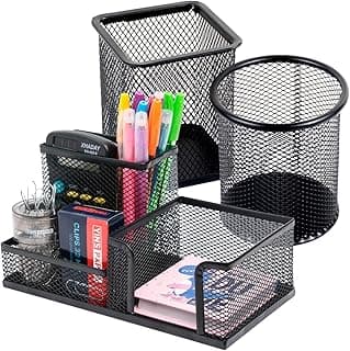 Porta Caneta Organizador de Mesa Escritório Metal Aramado Com Divisórias Para Clip Lápis Bloco de Notas Tesoura Borracha (Preto)