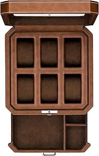 ROTHWELL Caixa de relógio de couro com 6 compartimentos com gaveta de manobrista - Organizador de exibição de caixa de relógio de luxo, forro de microcamurça, suporte de joias masculinas com trava,