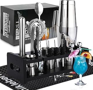 Cocktail Shaker Bartender Kit Bartender Accessories Kit - Cocktail Shaker with 17 Accessories Strainer Mixer Spoon & Stylish Bamboo Stand Included, Stainless Steel Bartender Tools Kit for Bartending